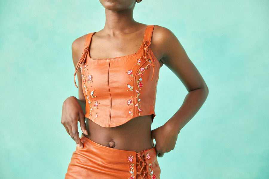 Tach Lesya Leather Corset | Rust Brown