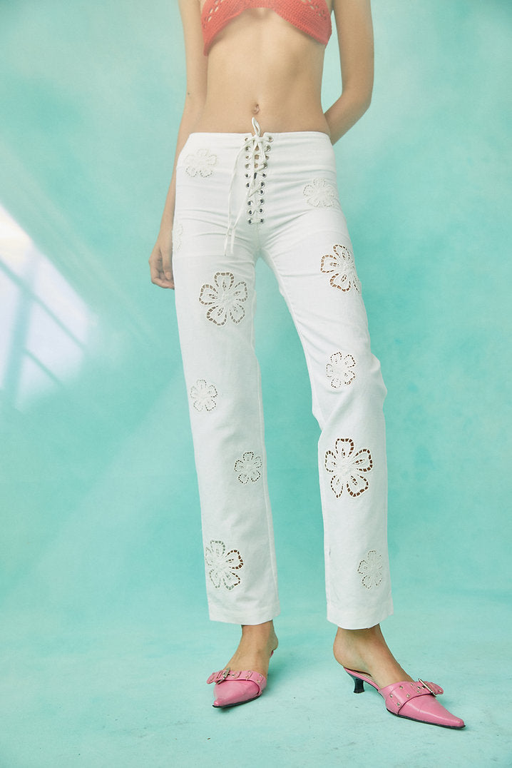 Tach Taras Cutwork Embroidered Pant | Ivory