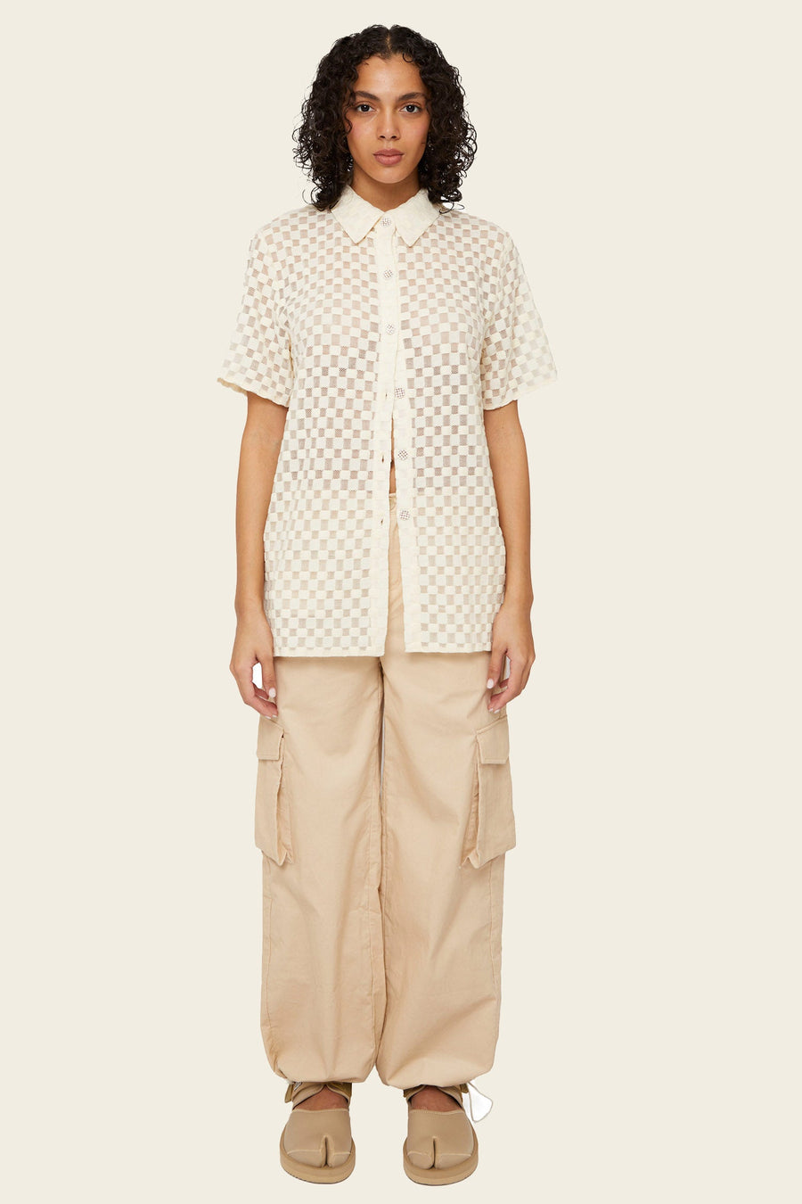 Find Me Now Harmony Mesh Checkered Button Down | White Noise