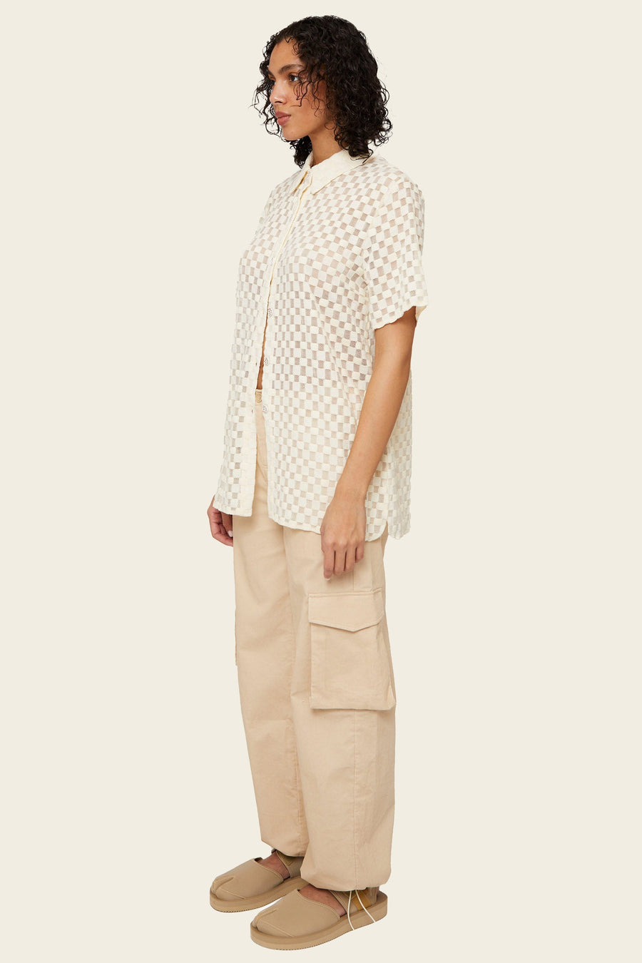 Find Me Now Harmony Mesh Checkered Button Down | White Noise