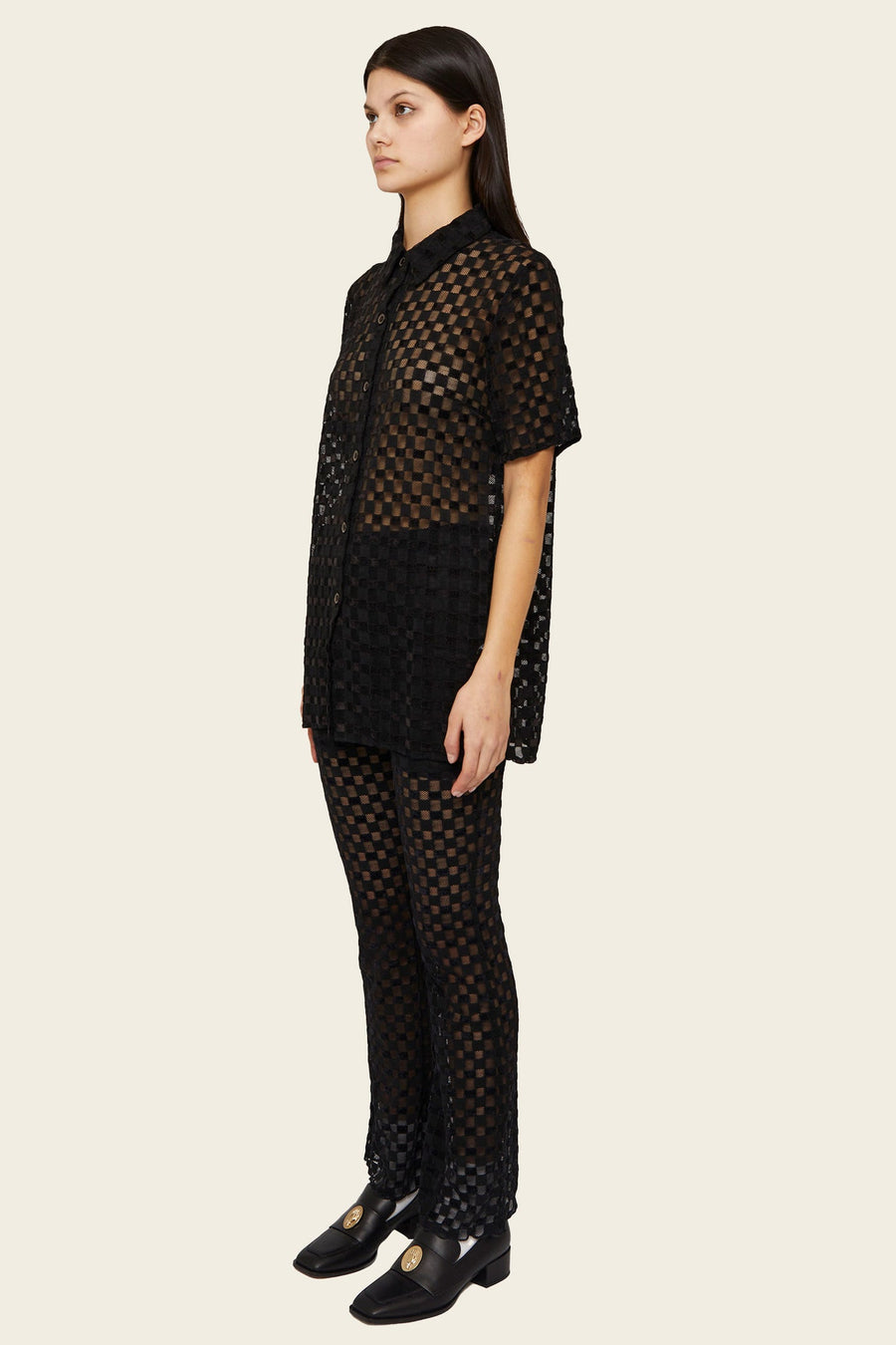 Find Me Now Harmony Mesh Checkered Button Down | Black
