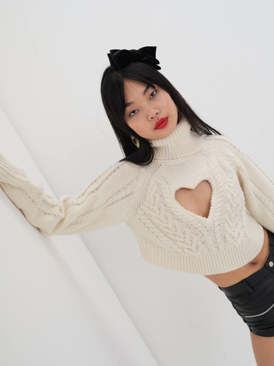 For Love & Lemons Vera Cropped Cut Out Sweater | Cream