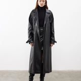 Patterned Leather Belted Trench Coat | Black
