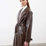 Patterned Leather Belted Trench Coat | Chocolate