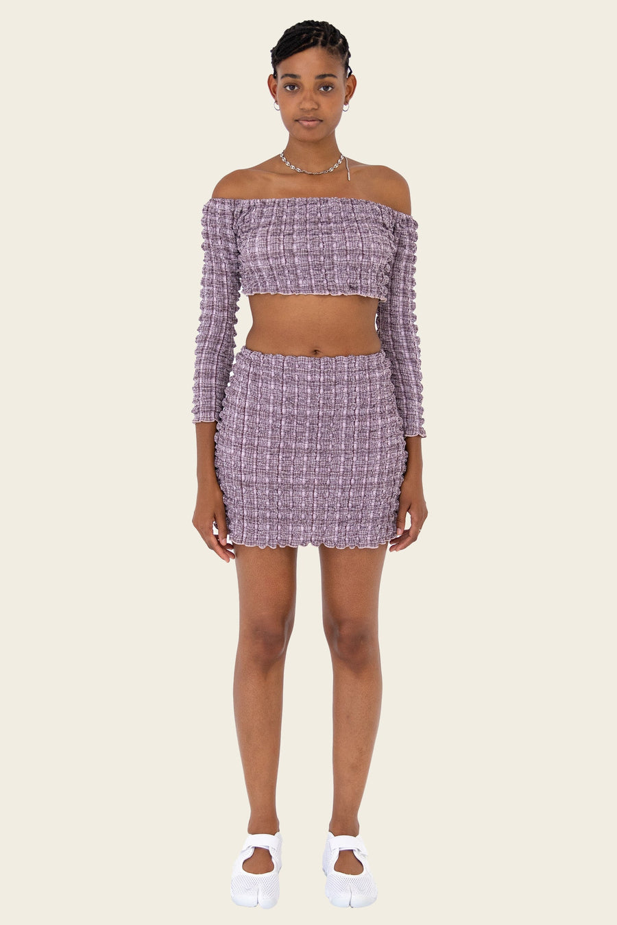 Find Me Now Mae Off The Shoulder Crop Top in Mulberry