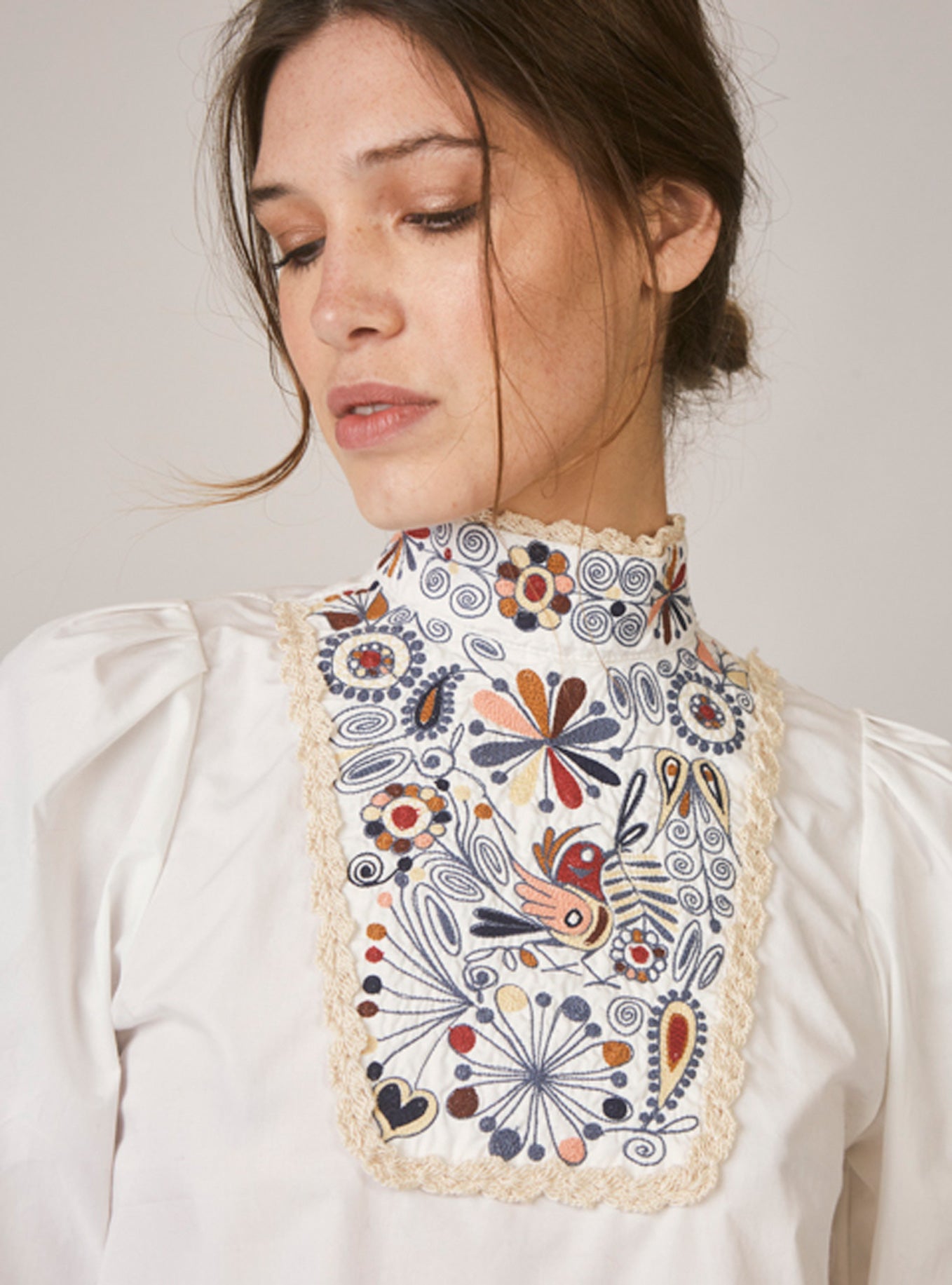 floral white blouse worn by model 