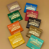 incense matches in different colors and scents depicted in their case