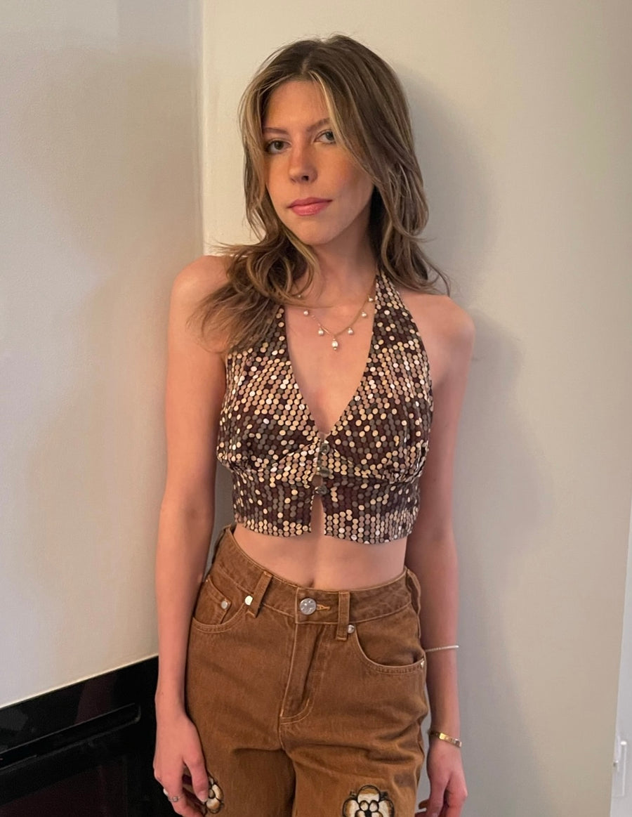 Motel Daphne Top in Retro Polka Stripe Brown